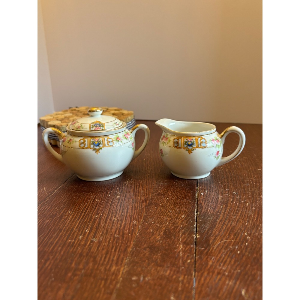 Vintage Hand Painted Nippon Porcelain Sugar Bowl and Creamer Set Floral Gold